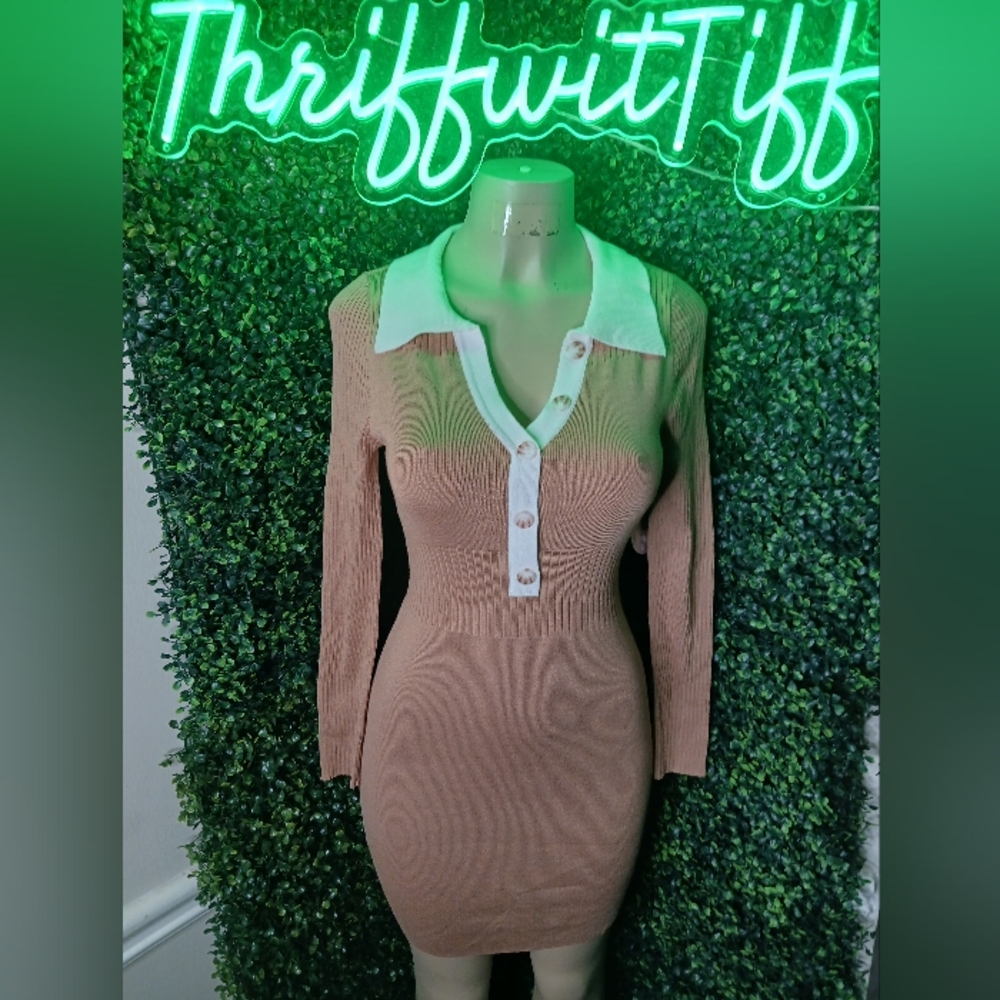 Tan Ribbed Knit Dress with White Collar